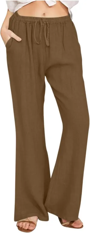 2025 Summer Linen Pants for Women Lounge Drawstring High Waist Flowy Trousers Loose Lightweight Beach Wide Leg Bottom