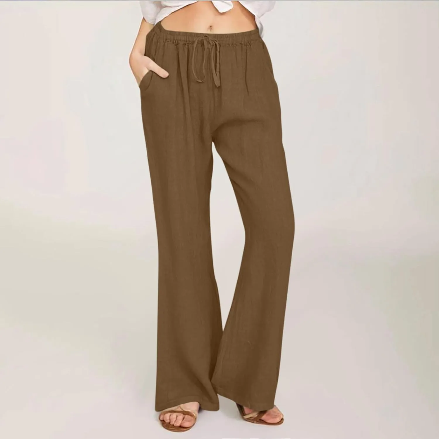 2025 Summer Linen Pants for Women Lounge Drawstring High Waist Flowy Trousers Loose Lightweight Beach Wide Leg Bottom