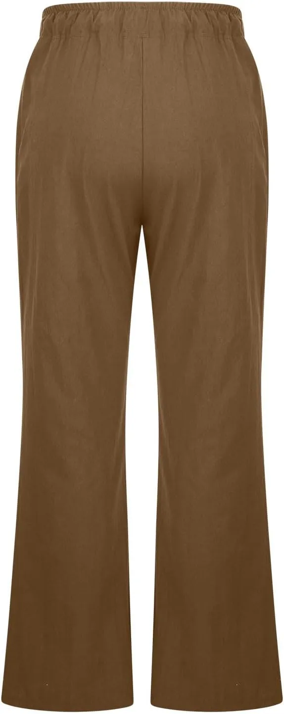 2025 Summer Linen Pants for Women Lounge Drawstring High Waist Flowy Trousers Loose Lightweight Beach Wide Leg Bottom