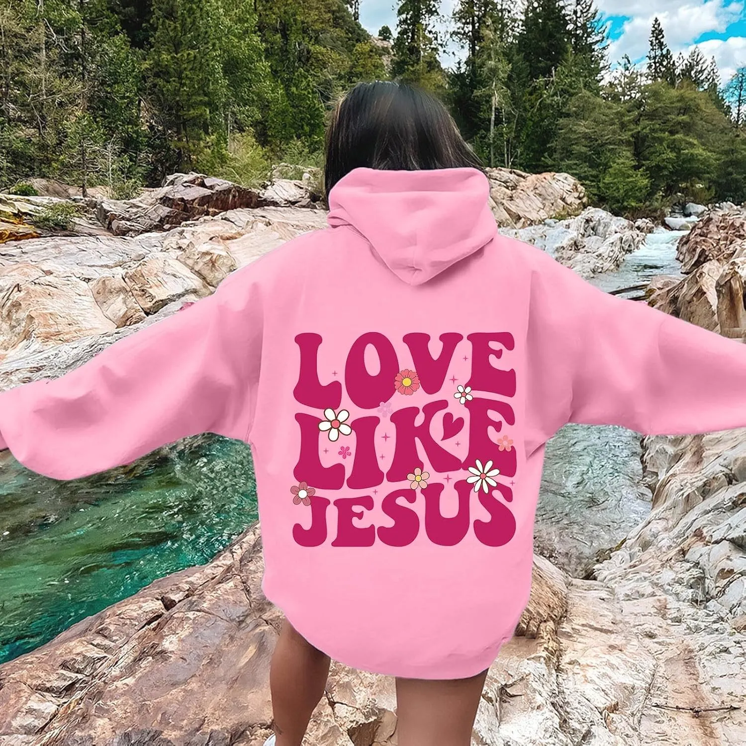 2025 Women Pink Palm Puff Hoodie Cute Teen Girls Graphic Hoodies Pullover Sweatshirts Y2k Preppy Oversized Sweatshirt
