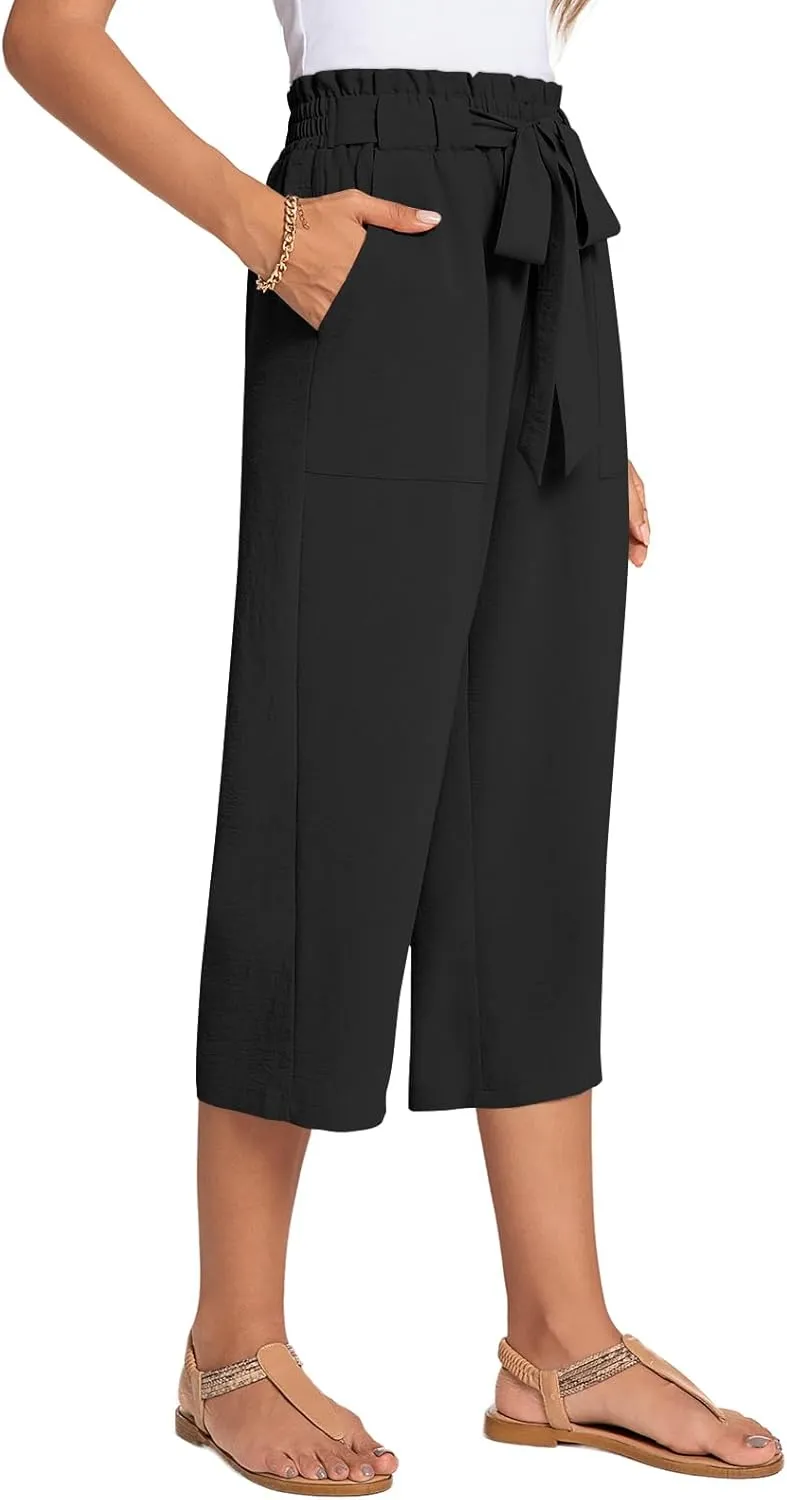 ALIGADUO Womens Capri Pants Casual Wide Leg Pants Loose High Waist Lounge Pants with Pockets