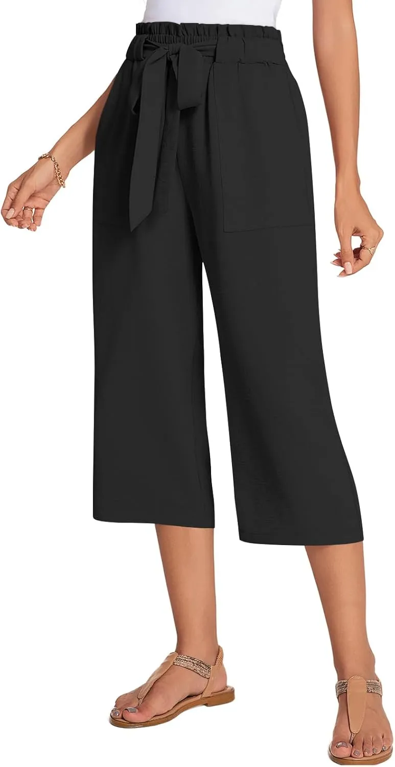ALIGADUO Womens Capri Pants Casual Wide Leg Pants Loose High Waist Lounge Pants with Pockets