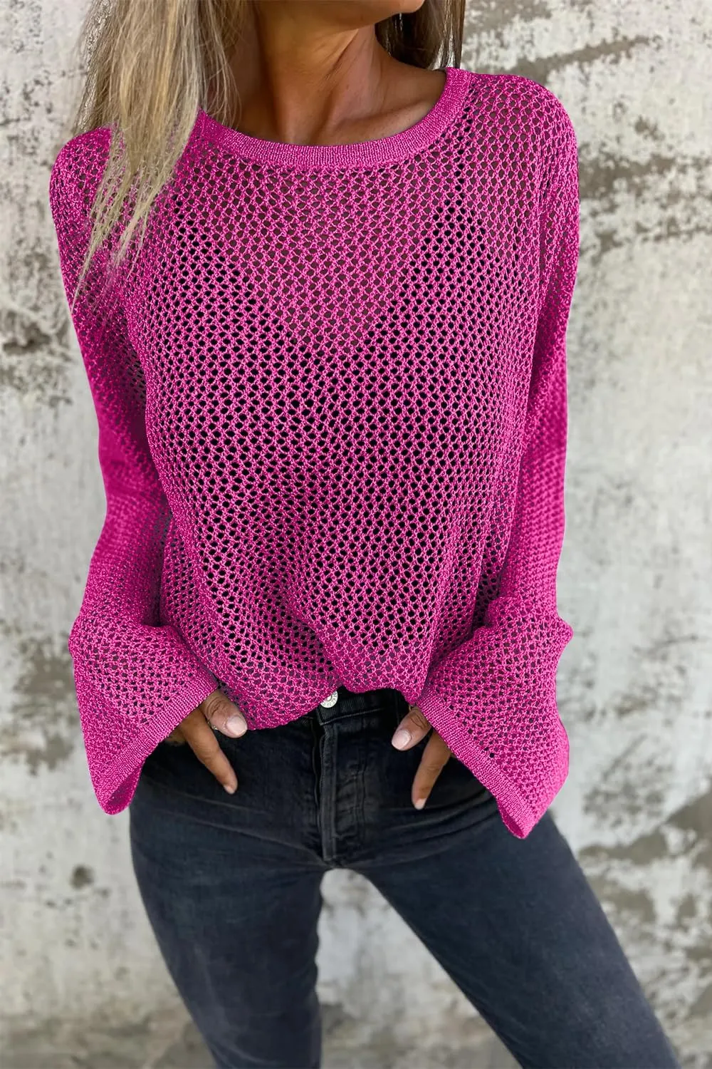 Allimy Womens Hollow Out Loose Metallic Knits Crewneck Long Sleeve Sweater Pullover Outerwear