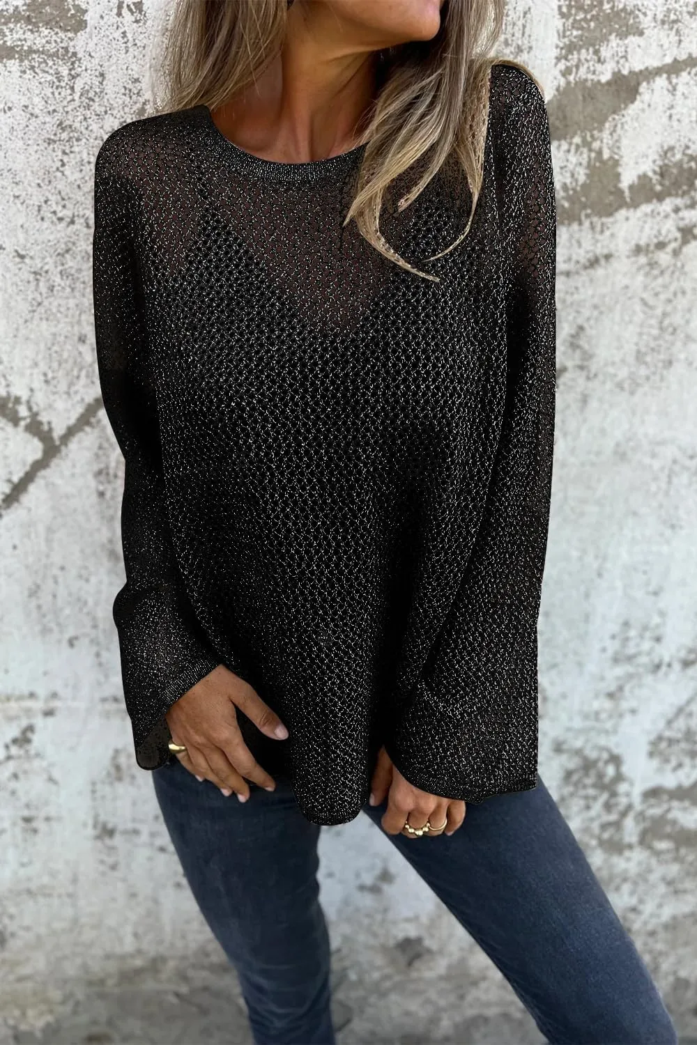 Allimy Womens Hollow Out Loose Metallic Knits Crewneck Long Sleeve Sweater Pullover Outerwear