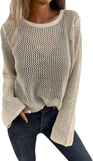 Allimy Womens Hollow Out Loose Metallic Knits Crewneck Long Sleeve Sweater Pullover Outerwear