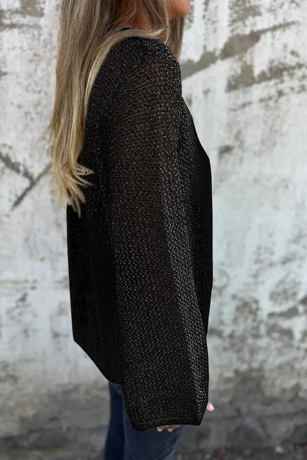 Allimy Womens Hollow Out Loose Metallic Knits Crewneck Long Sleeve Sweater Pullover Outerwear