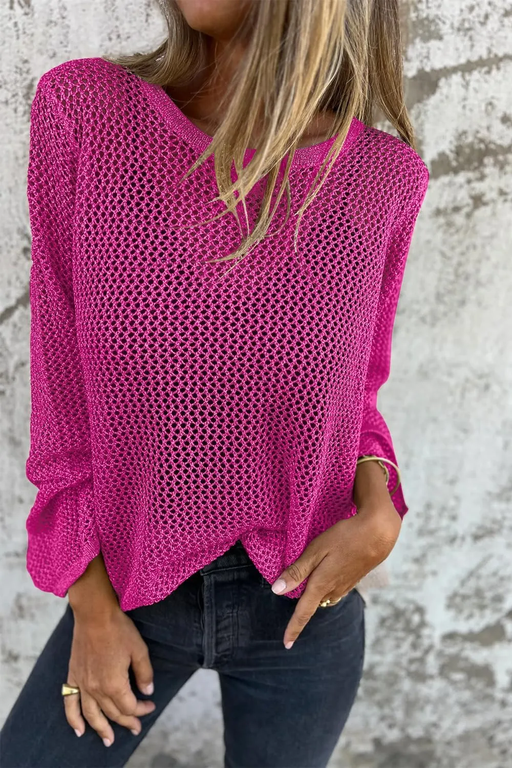 Allimy Womens Hollow Out Loose Metallic Knits Crewneck Long Sleeve Sweater Pullover Outerwear