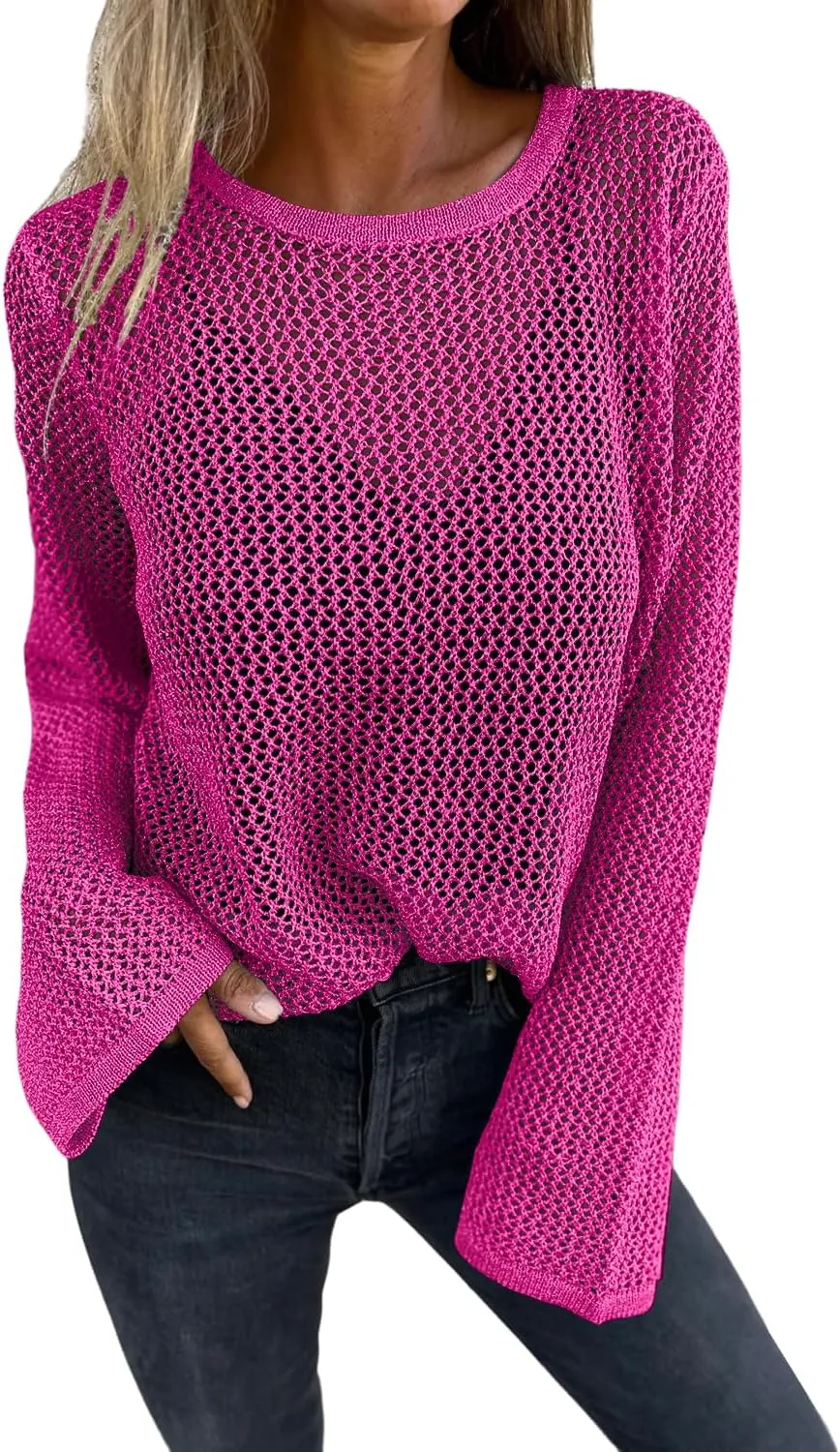 Allimy Womens Hollow Out Loose Metallic Knits Crewneck Long Sleeve Sweater Pullover Outerwear
