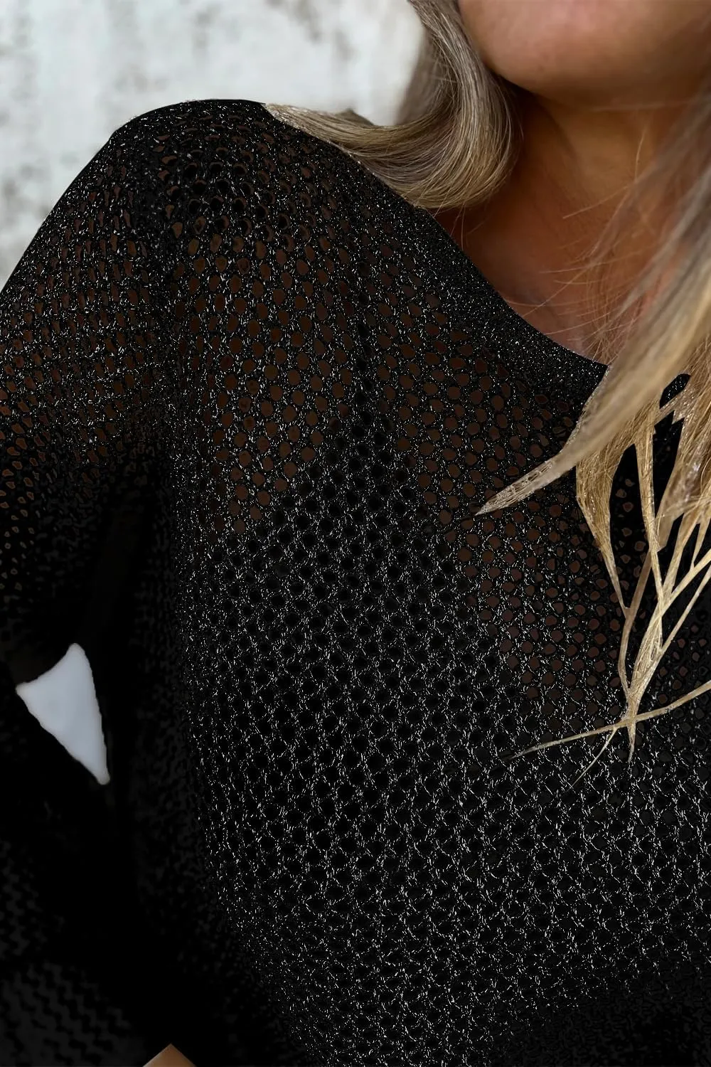 Allimy Womens Hollow Out Loose Metallic Knits Crewneck Long Sleeve Sweater Pullover Outerwear