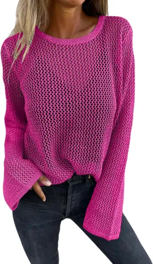 Allimy Womens Hollow Out Loose Metallic Knits Crewneck Long Sleeve Sweater Pullover Outerwear