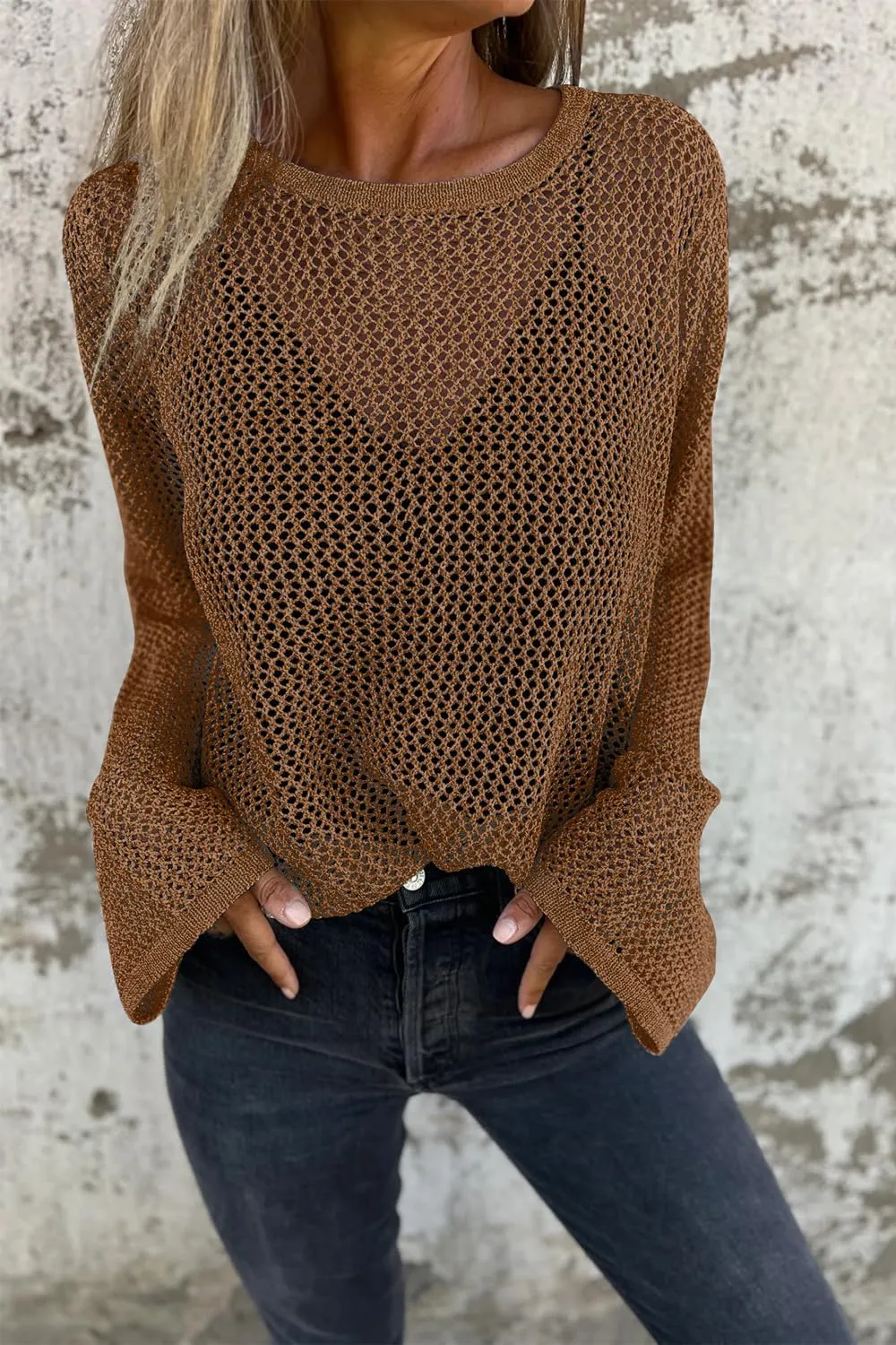 Allimy Womens Hollow Out Loose Metallic Knits Crewneck Long Sleeve Sweater Pullover Outerwear