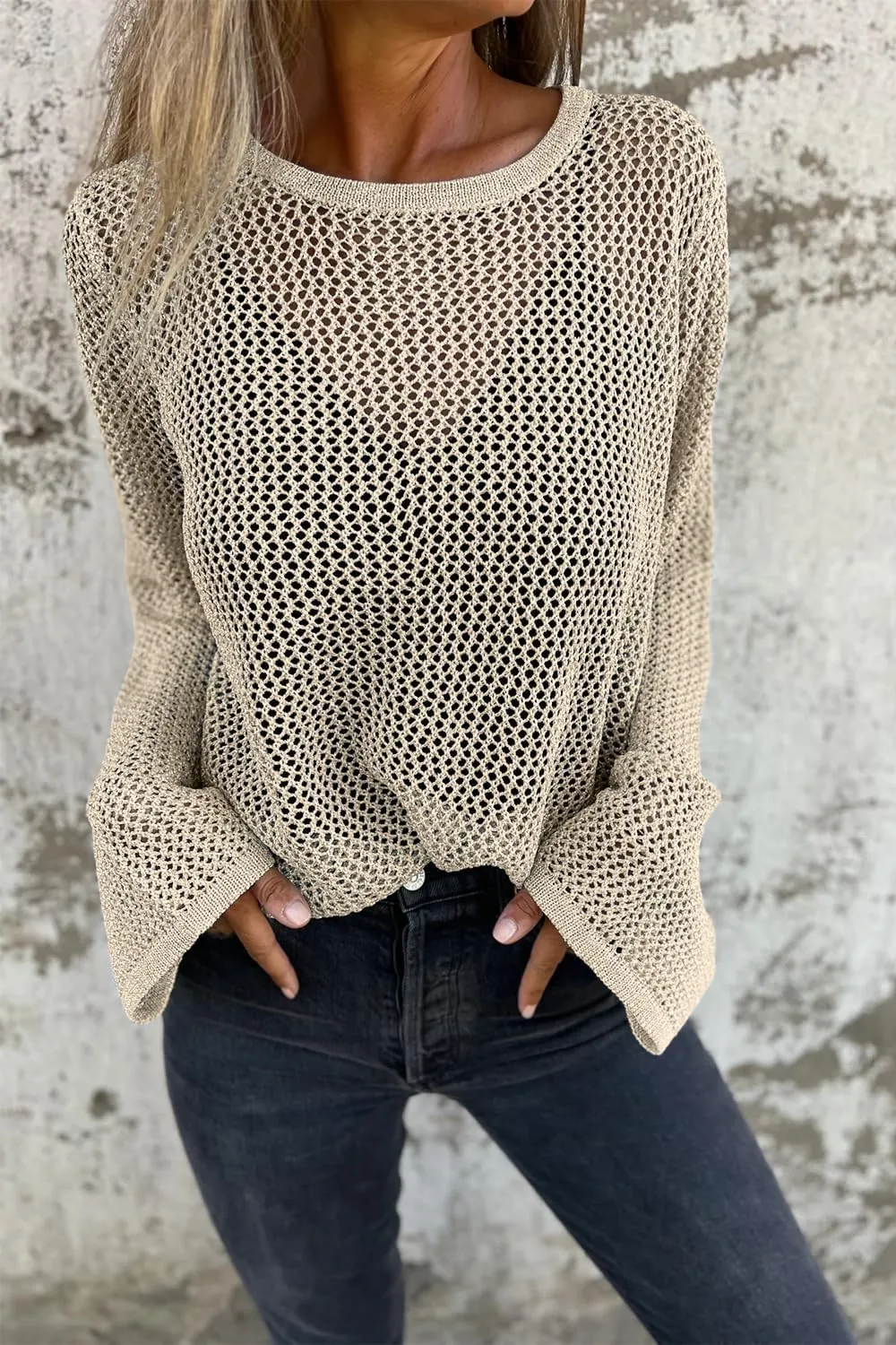 Allimy Womens Hollow Out Loose Metallic Knits Crewneck Long Sleeve Sweater Pullover Outerwear