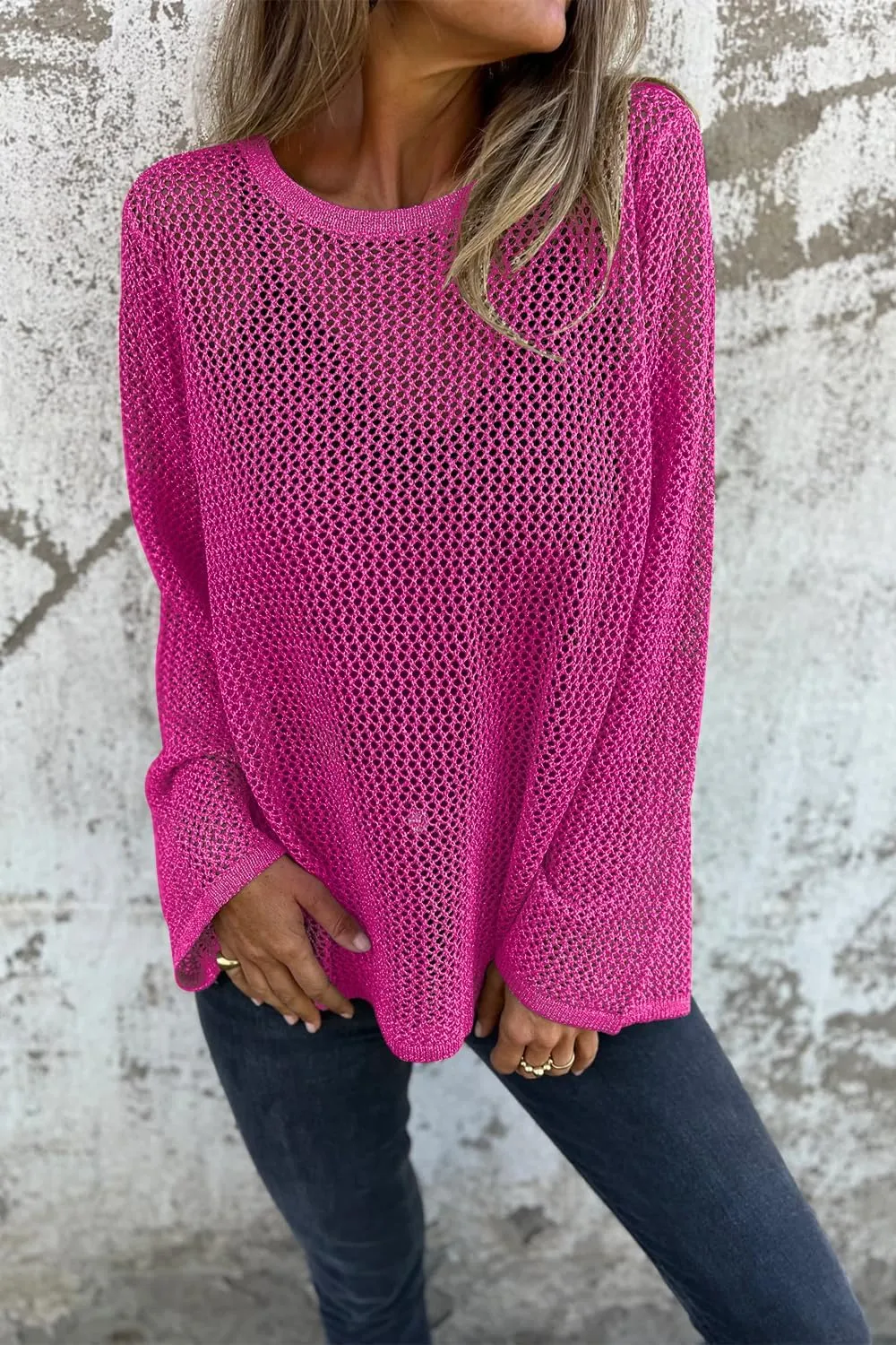 Allimy Womens Hollow Out Loose Metallic Knits Crewneck Long Sleeve Sweater Pullover Outerwear