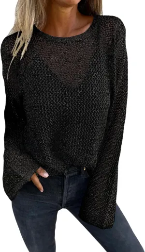 Allimy Womens Hollow Out Loose Metallic Knits Crewneck Long Sleeve Sweater Pullover Outerwear