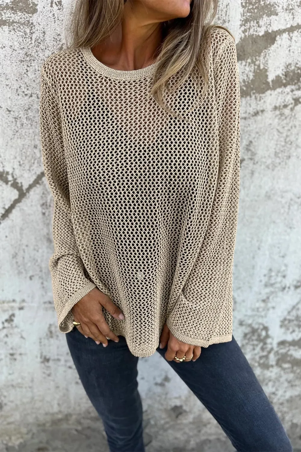 Allimy Womens Hollow Out Loose Metallic Knits Crewneck Long Sleeve Sweater Pullover Outerwear