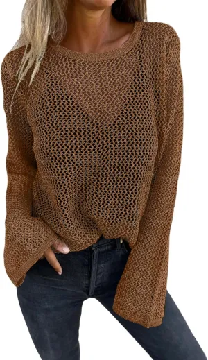Allimy Womens Hollow Out Loose Metallic Knits Crewneck Long Sleeve Sweater Pullover Outerwear
