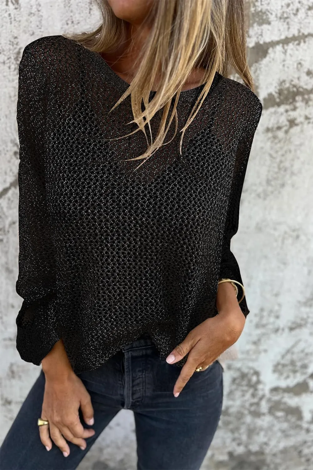 Allimy Womens Hollow Out Loose Metallic Knits Crewneck Long Sleeve Sweater Pullover Outerwear