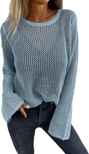 Allimy Womens Hollow Out Loose Metallic Knits Crewneck Long Sleeve Sweater Pullover Outerwear