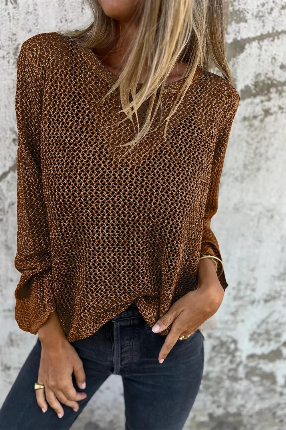 Allimy Womens Hollow Out Loose Metallic Knits Crewneck Long Sleeve Sweater Pullover Outerwear