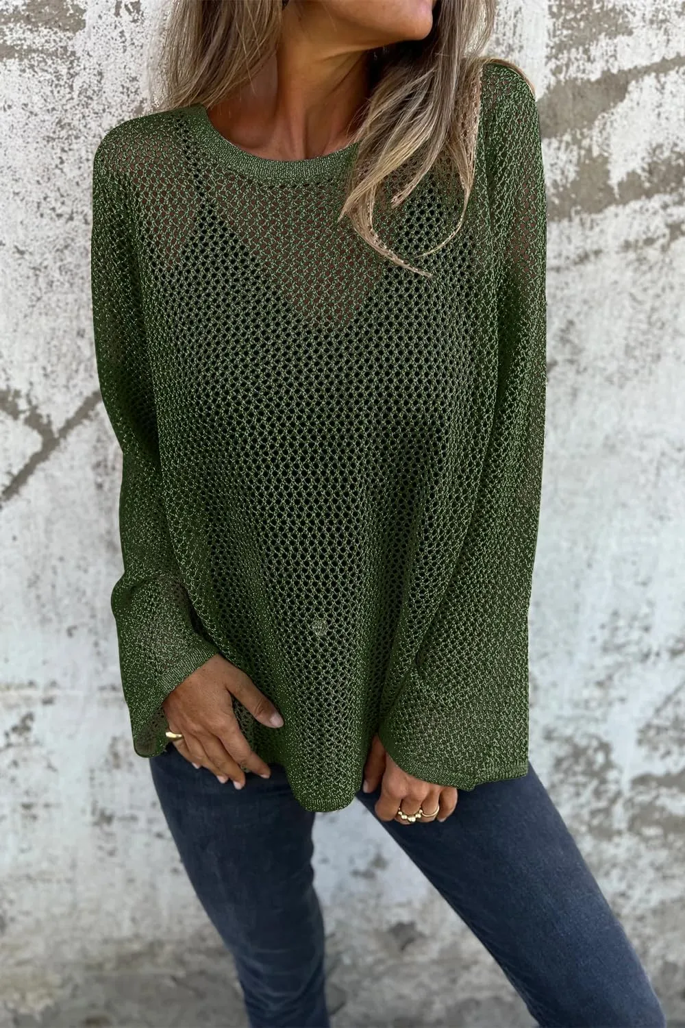 Allimy Womens Hollow Out Loose Metallic Knits Crewneck Long Sleeve Sweater Pullover Outerwear