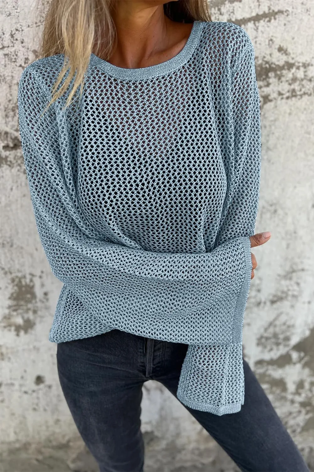 Allimy Womens Hollow Out Loose Metallic Knits Crewneck Long Sleeve Sweater Pullover Outerwear