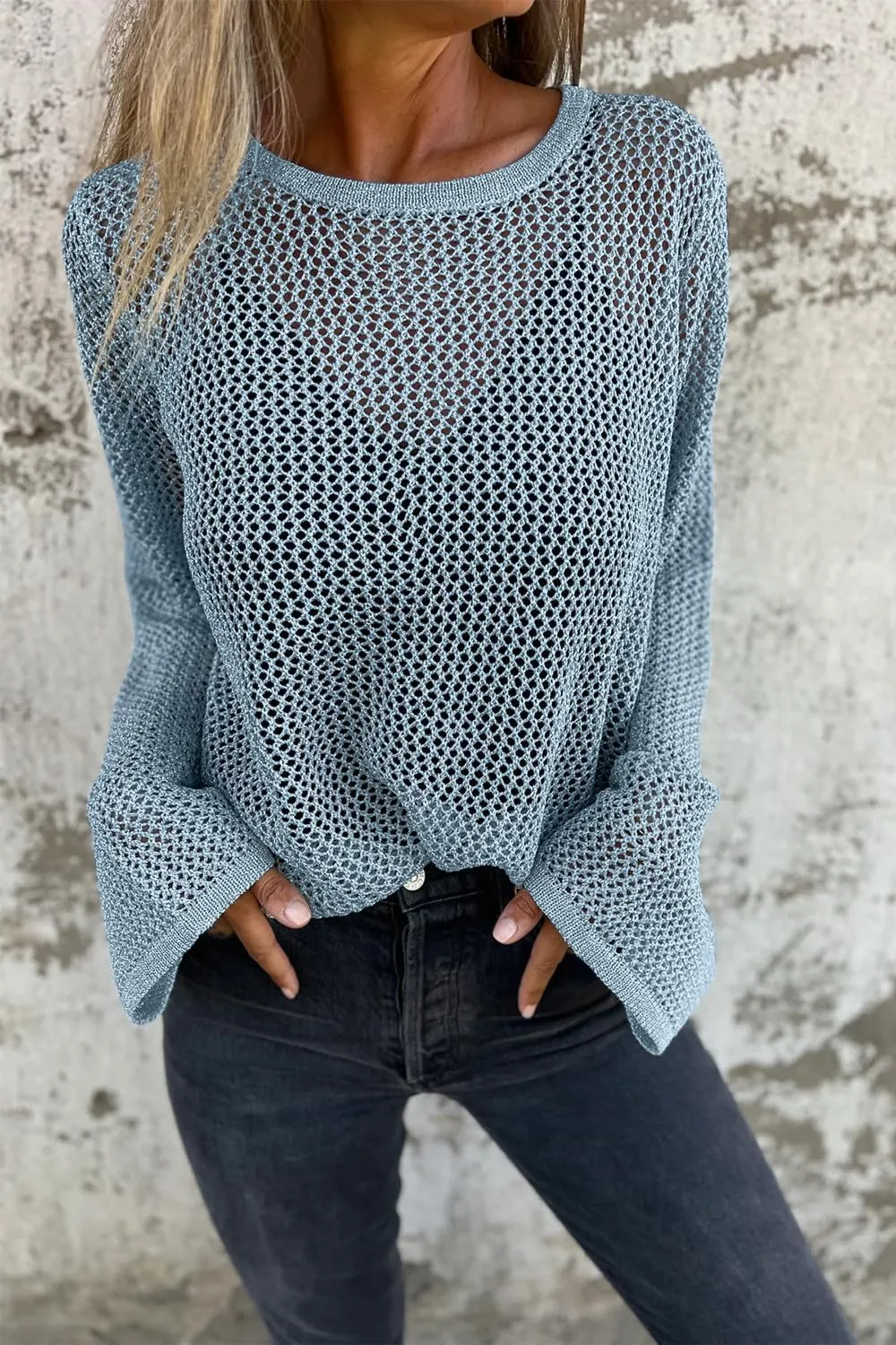 Allimy Womens Hollow Out Loose Metallic Knits Crewneck Long Sleeve Sweater Pullover Outerwear