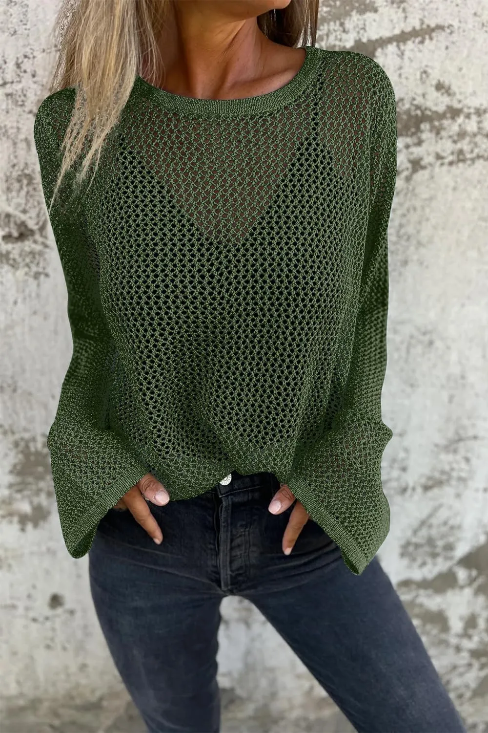 Allimy Womens Hollow Out Loose Metallic Knits Crewneck Long Sleeve Sweater Pullover Outerwear