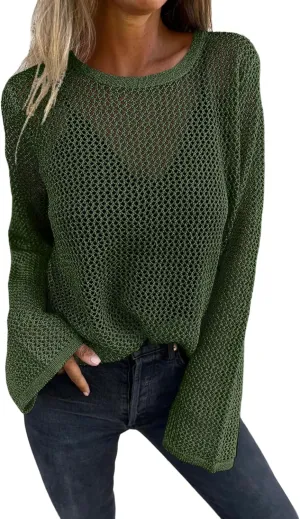 Allimy Womens Hollow Out Loose Metallic Knits Crewneck Long Sleeve Sweater Pullover Outerwear
