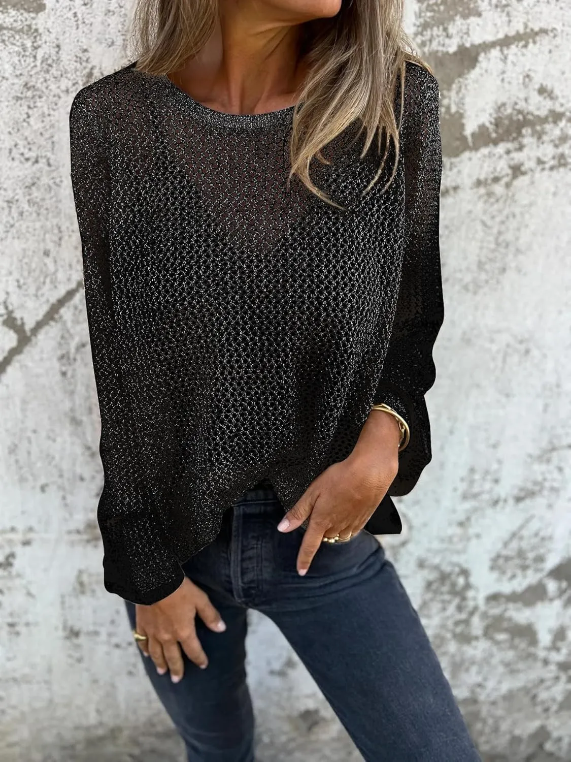Allimy Womens Hollow Out Loose Metallic Knits Crewneck Long Sleeve Sweater Pullover Outerwear