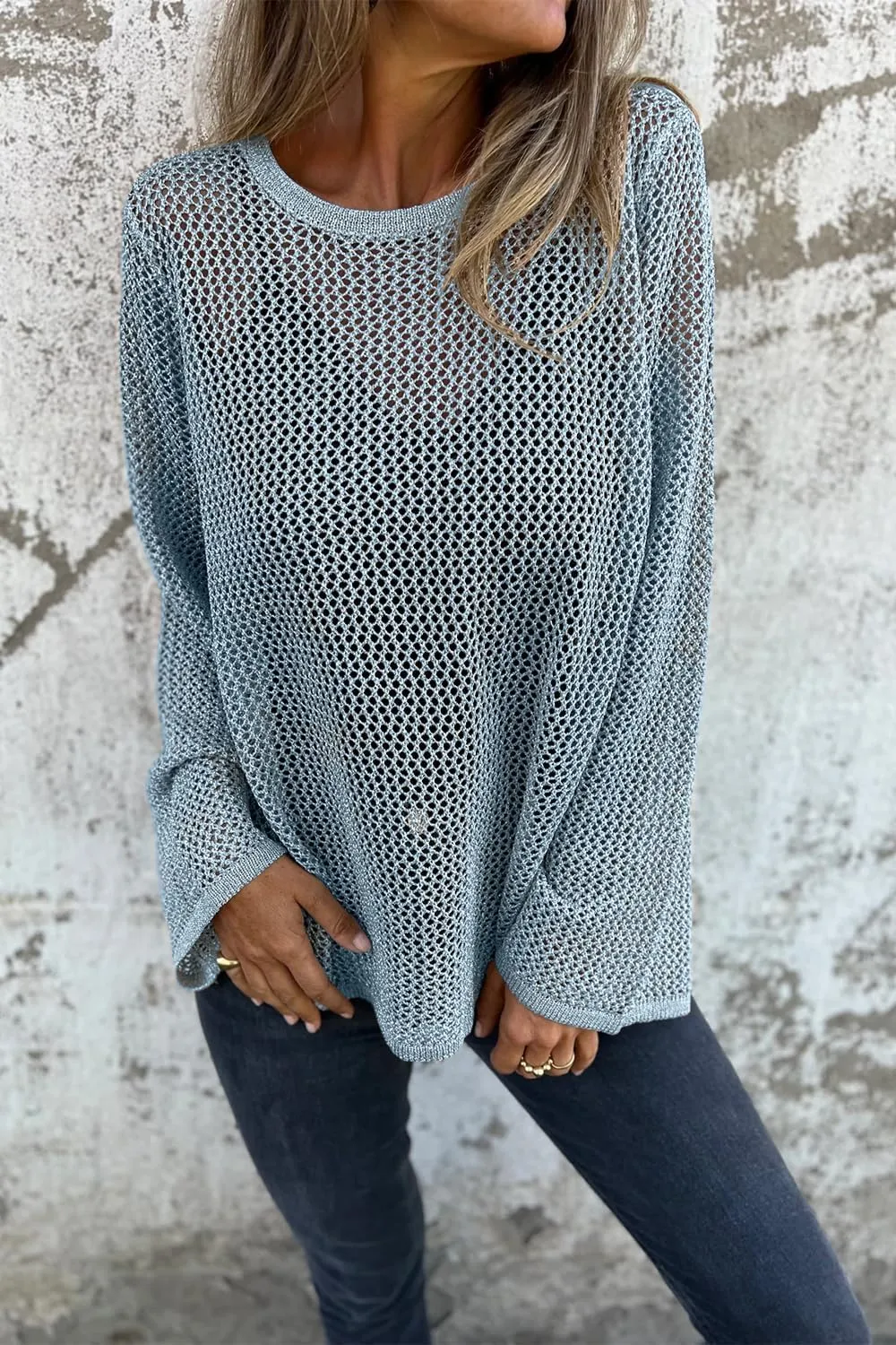 Allimy Womens Hollow Out Loose Metallic Knits Crewneck Long Sleeve Sweater Pullover Outerwear