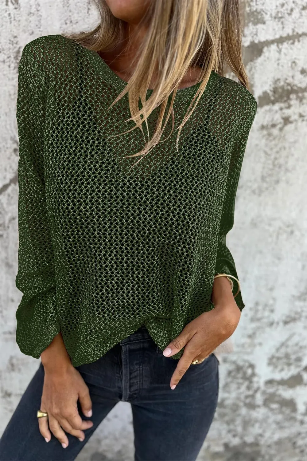 Allimy Womens Hollow Out Loose Metallic Knits Crewneck Long Sleeve Sweater Pullover Outerwear