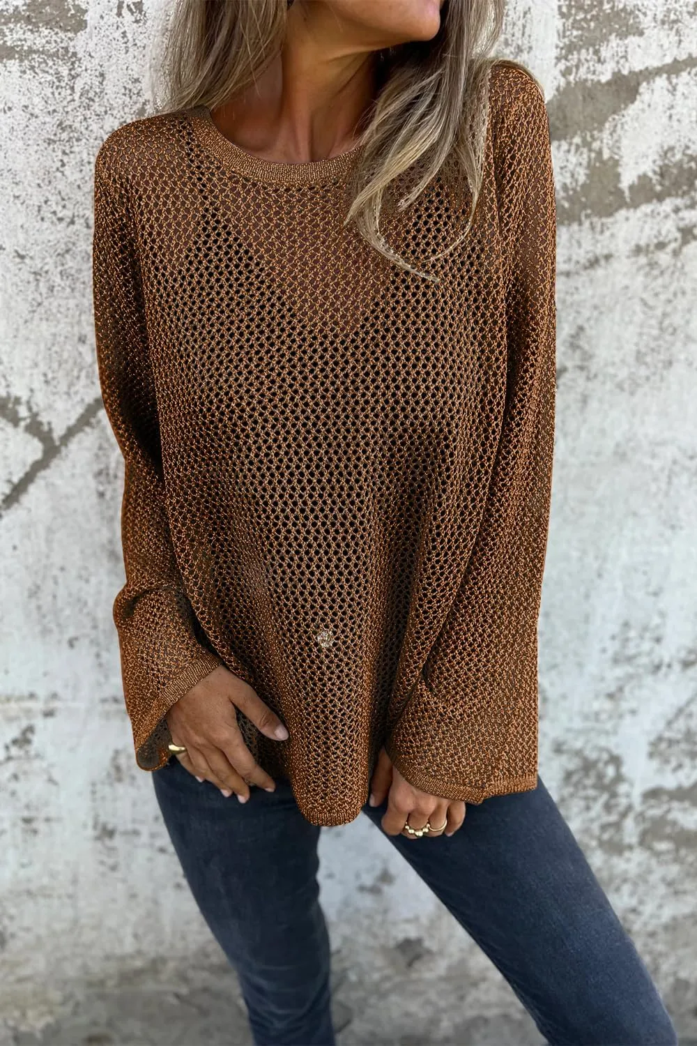 Allimy Womens Hollow Out Loose Metallic Knits Crewneck Long Sleeve Sweater Pullover Outerwear