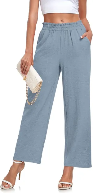 Anydeer Women Pants Loose Wide Leg Trousers Straight Casual Dressy Palazzo Ruffle High Waist Slacks with Pockets
