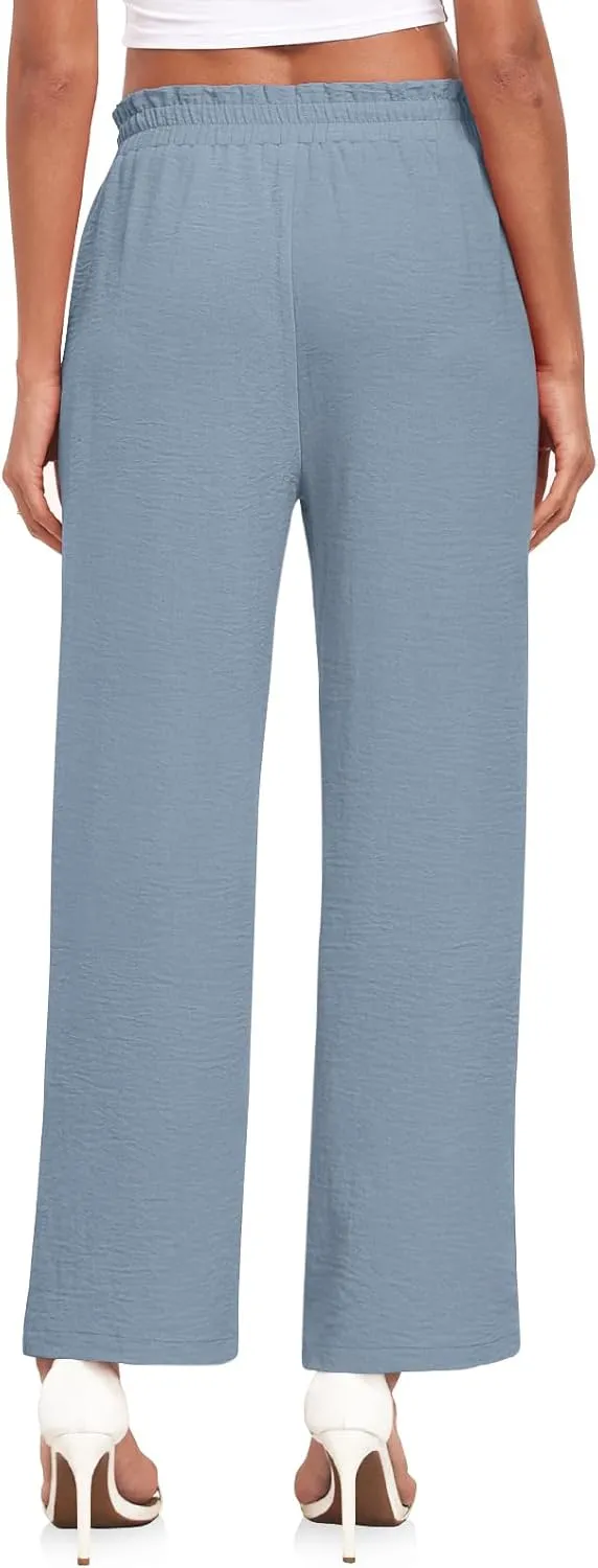 Anydeer Women Pants Loose Wide Leg Trousers Straight Casual Dressy Palazzo Ruffle High Waist Slacks with Pockets