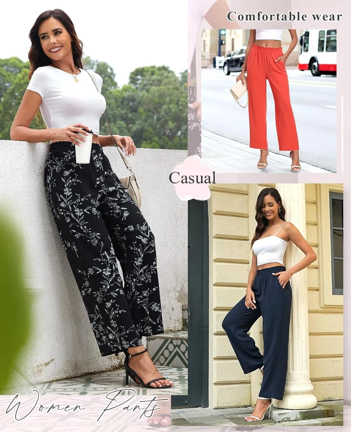 Anydeer Women Pants Loose Wide Leg Trousers Straight Casual Dressy Palazzo Ruffle High Waist Slacks with Pockets