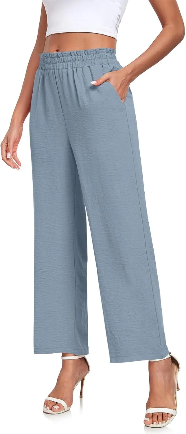 Anydeer Women Pants Loose Wide Leg Trousers Straight Casual Dressy Palazzo Ruffle High Waist Slacks with Pockets