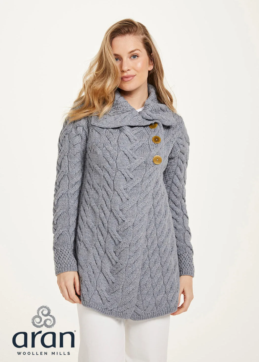 Aran 3 Buttoned Longline Cardigan | Ocean Grey