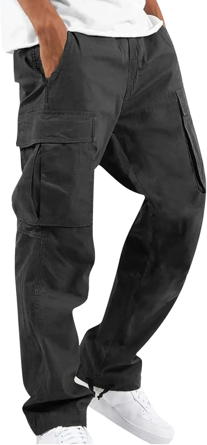 Baggy Cargo Pants for Men Casual Drawstring Waist Hiking Pants with Pockets Outdoor Lightweight Parachute Pants
