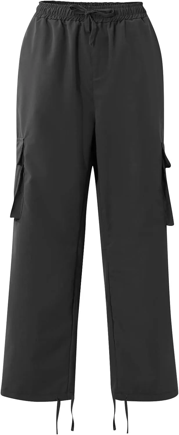 Baggy Cargo Pants for Men Casual Drawstring Waist Hiking Pants with Pockets Outdoor Lightweight Parachute Pants