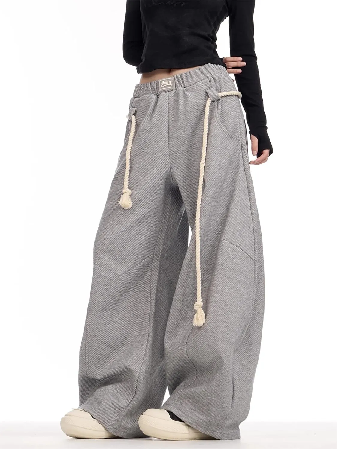 BAIMORE Women's Casual Slacks Elastic Waist Wide Leg Baggy Sweatpants with Tie Belt