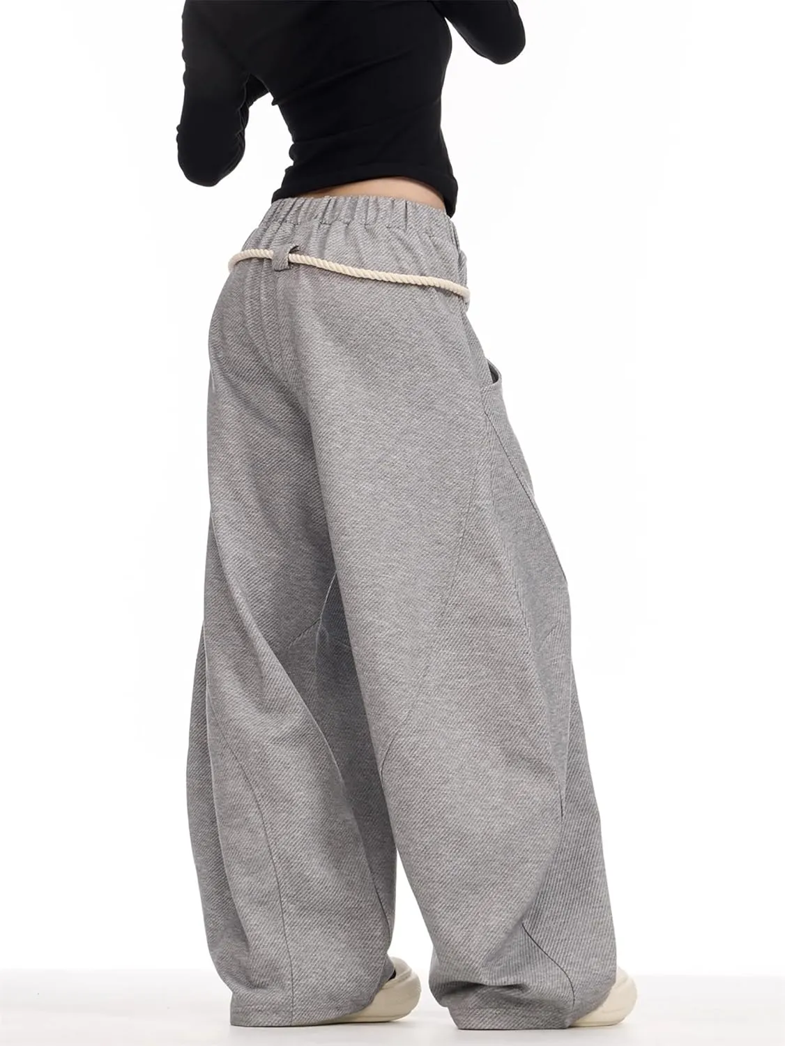 BAIMORE Women's Casual Slacks Elastic Waist Wide Leg Baggy Sweatpants with Tie Belt