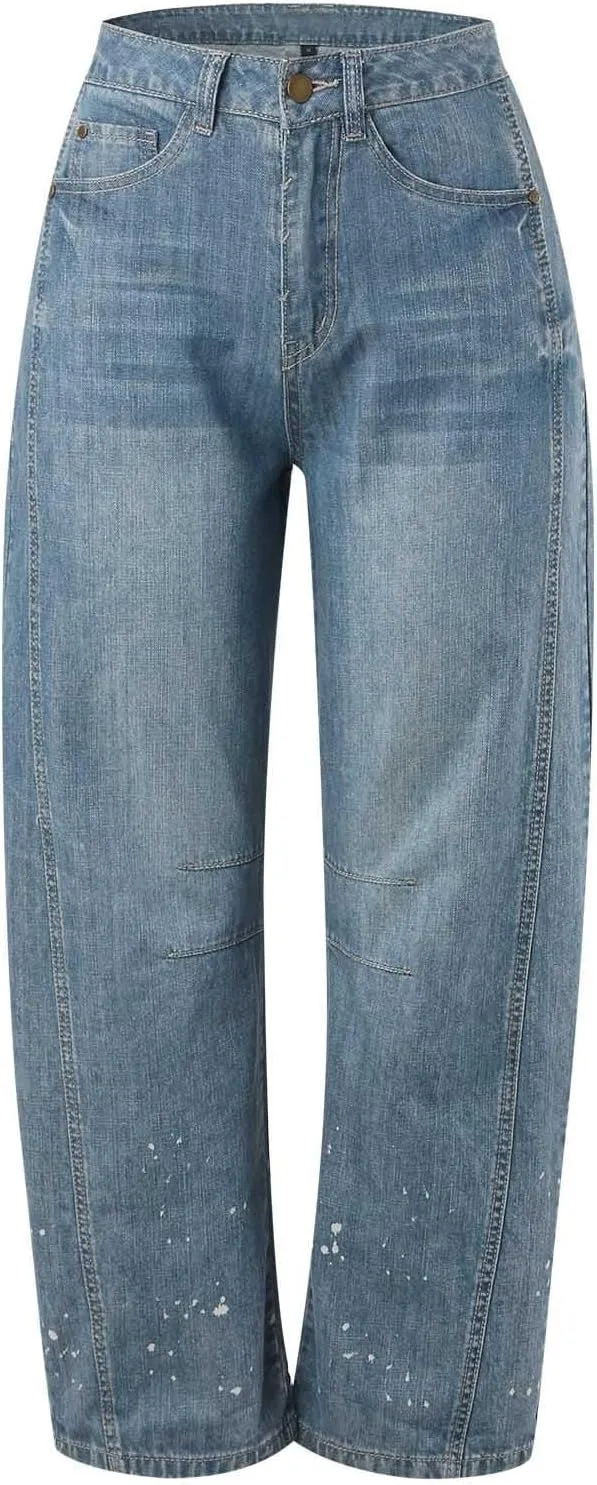 Barrel Jeans for Women Stretchy Trendy High Waisted Baggy Denim Trouser Y2K Wide Leg Boyfriend Streetwear Ankle Pants
