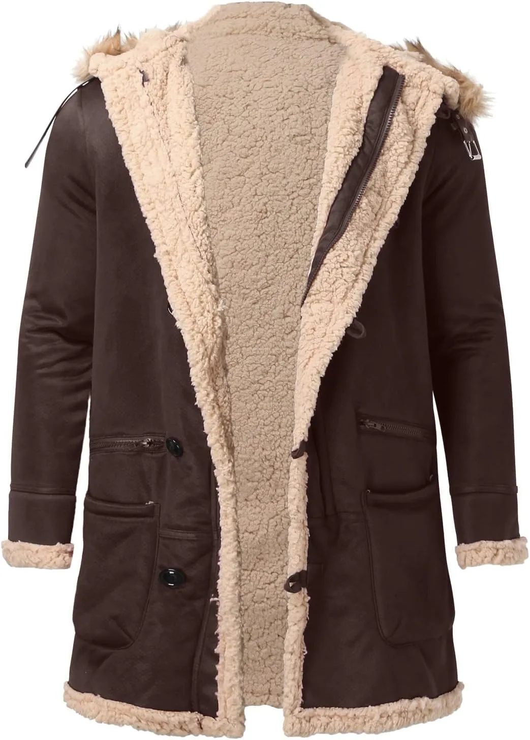 BIFUTON Winter Coats for Men,Men's Shearling Leather Coat Faux Suede Sherpa Lined Winter Thicken Warm Hooded Sheepskin Jacket