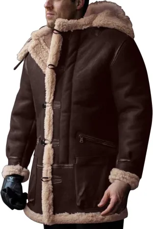 BIFUTON Winter Coats for Men,Men's Shearling Leather Coat Faux Suede Sherpa Lined Winter Thicken Warm Hooded Sheepskin Jacket