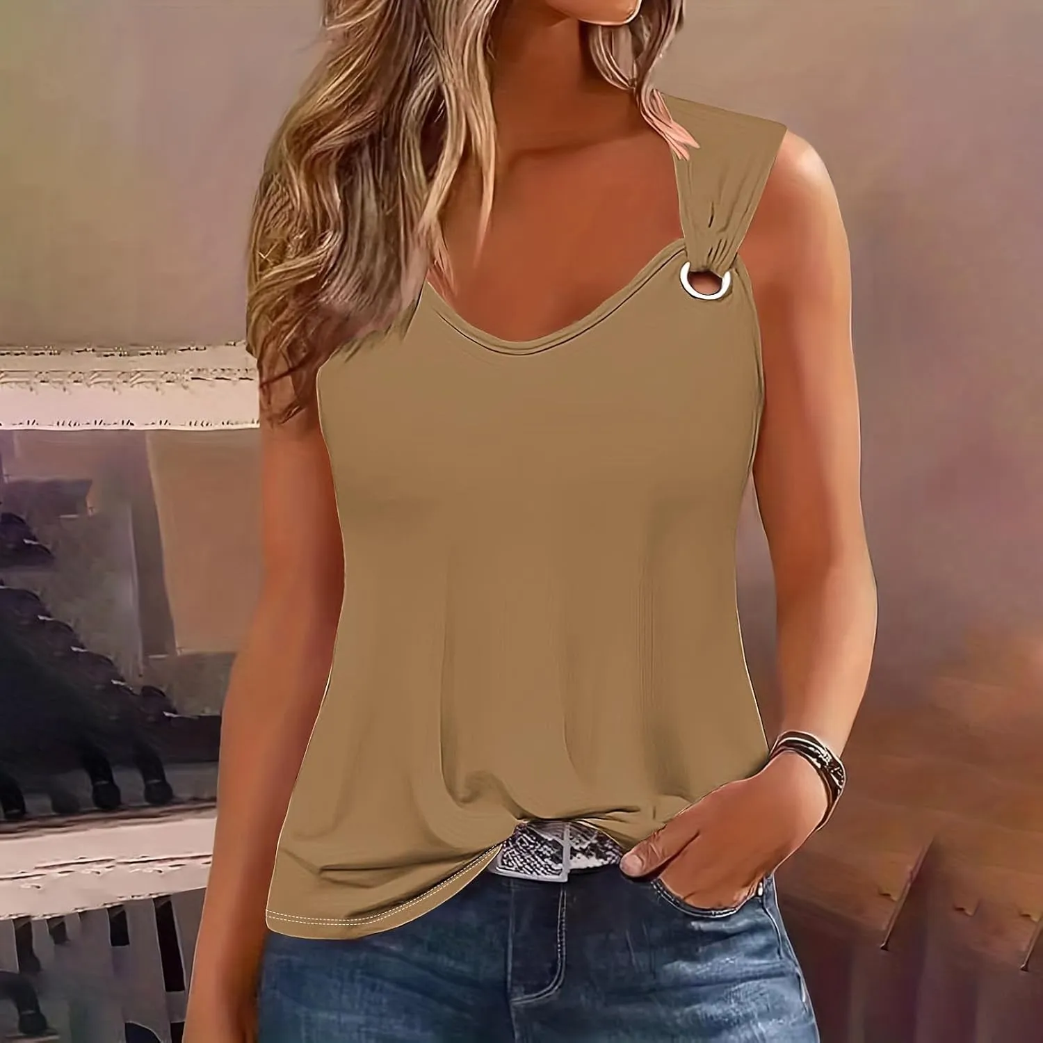Binmer Summer Tank Tops for Women 2024 Sleeveless V Neck Tshirt Loose Fit Casual Hole Straps Blouses Workout Camisoles