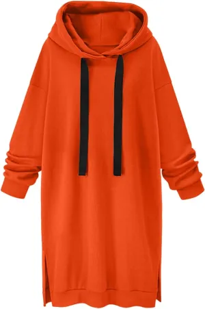 Black Hoodie Dress Women Longline Pullover Sweatshirt Drawstring Long Sleeve Relax Warm Daily Streetwear