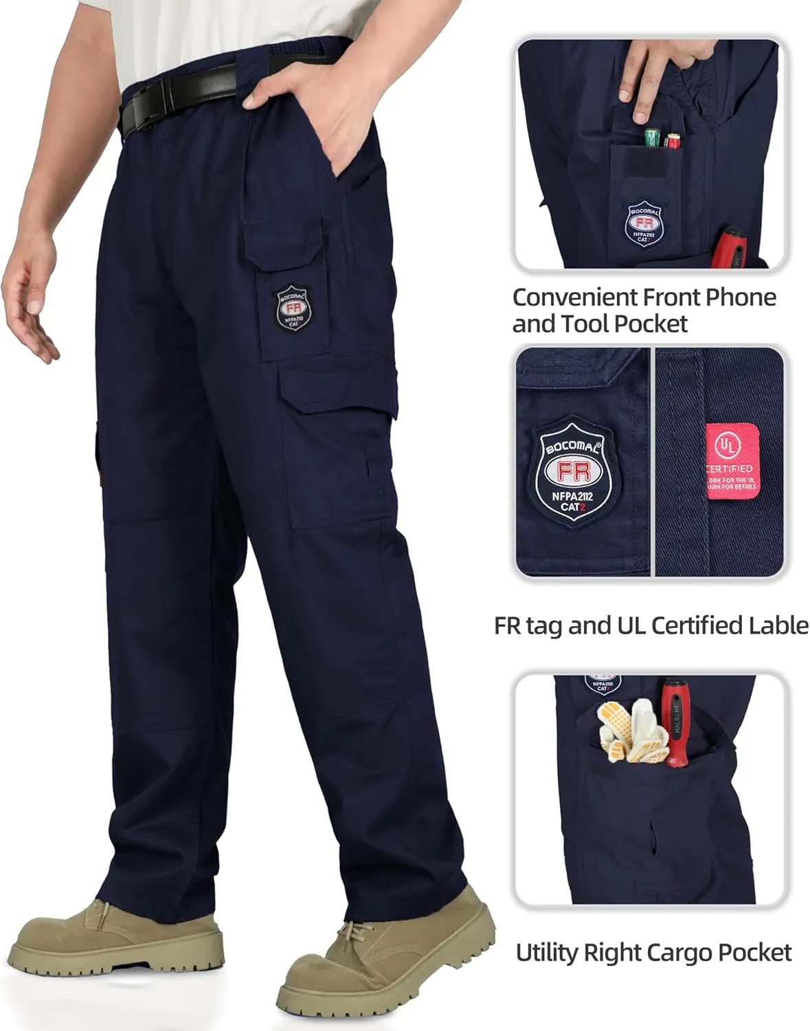 BOCOMAL Men's FR Cargo Pants Flame Resistant Pants Midweight 7.5oz (7 Pockets) Multi-Pockets FR Pants