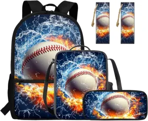 Boys Backpack 6-8 Baseball School Novelty Flame Bookbag for Boys 8-12 with Lunch Box 4 in 1 Lightweight Thermal Lunch Bag with Adjustable Shoulder Strap Pencil Case