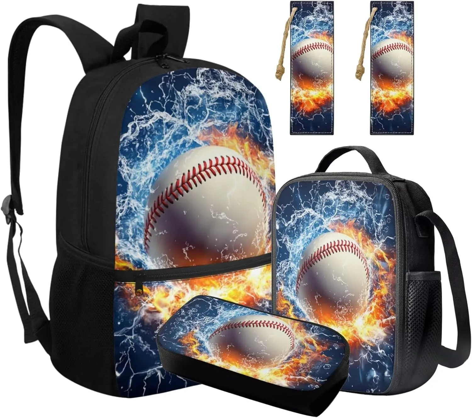 Boys Backpack 6-8 Baseball School Novelty Flame Bookbag for Boys 8-12 with Lunch Box 4 in 1 Lightweight Thermal Lunch Bag with Adjustable Shoulder Strap Pencil Case