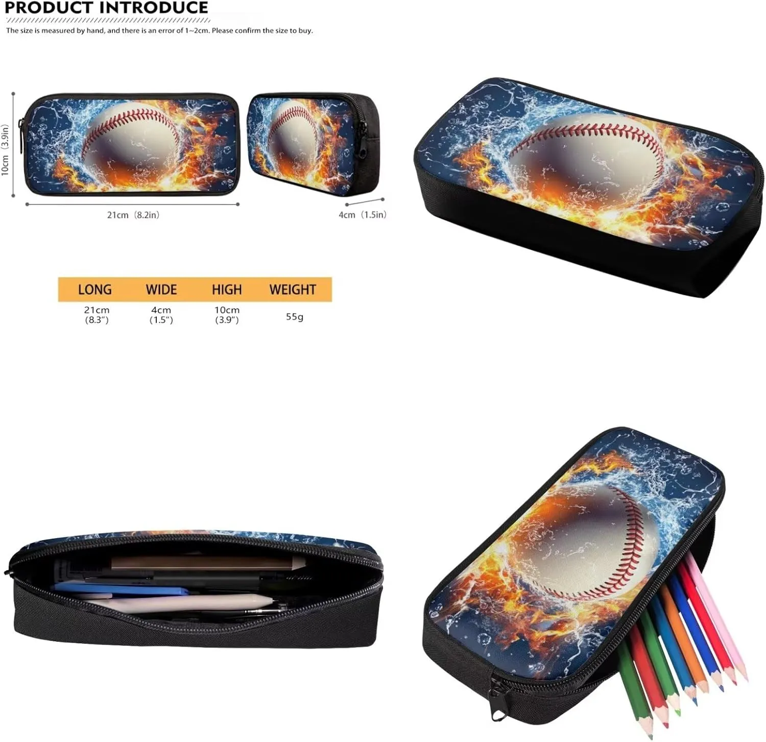 Boys Backpack 6-8 Baseball School Novelty Flame Bookbag for Boys 8-12 with Lunch Box 4 in 1 Lightweight Thermal Lunch Bag with Adjustable Shoulder Strap Pencil Case
